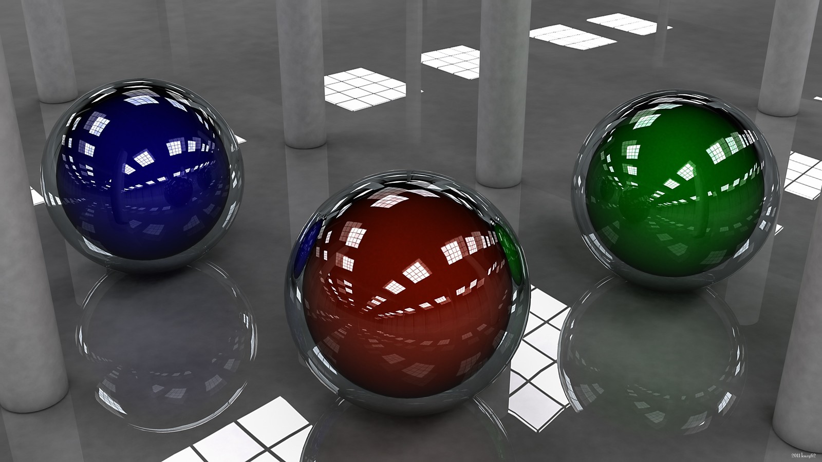 Three shiny spheres are sitting in a row in a room (sphere, ball, light, three dimensional space, 3d computer graphics)