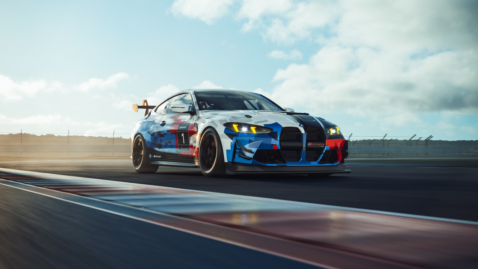 A close up of a car driving on a track with a cloudy sky (bmw m4 gt4 evo, racing car, 2024, 5k, race track)