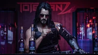 Cosplay de Johnny Silverhand em um cenário de Cyberpunk 2077