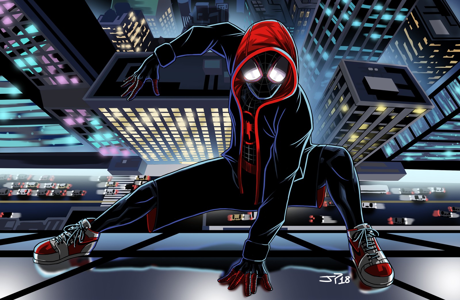 Homme-araignée dans un costume noir avec un sweat à capuche rouge et des chaussures rouges (miles morales, spiderman, univers spider, illustration, marvel comics)