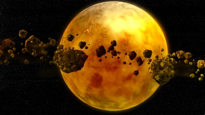 Un vibrante planeta amarillo rodeado por un cinturón de asteroides, contra un cielo negro estrellado, ilustrando la belleza del espacio exterior y los fenómenos astronómicos.