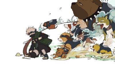 Kakashi Hatake liderando um grupo de cães animados no estilo Naruto