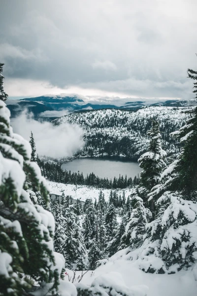 Snow-Covered Mountains Surrounding a Frozen Lake