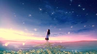 Fille d'anime regardant un lever de soleil étoilé sur un paysage floral