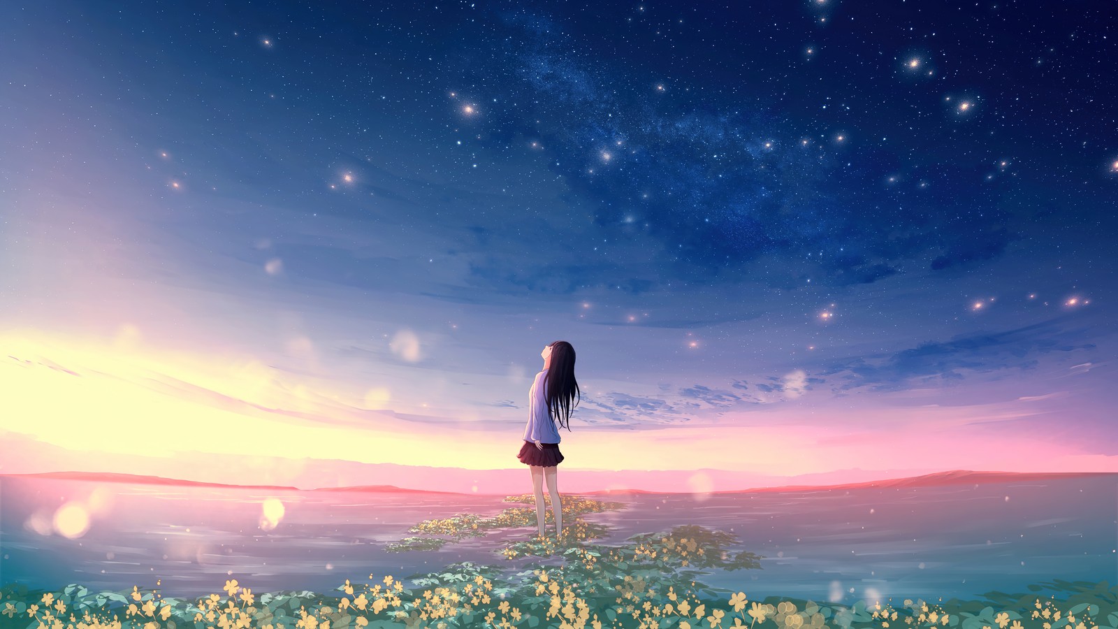 Chica de anime de pie en una roca mirando las estrellas (anime, niñas de anime, amanecer, escenario)