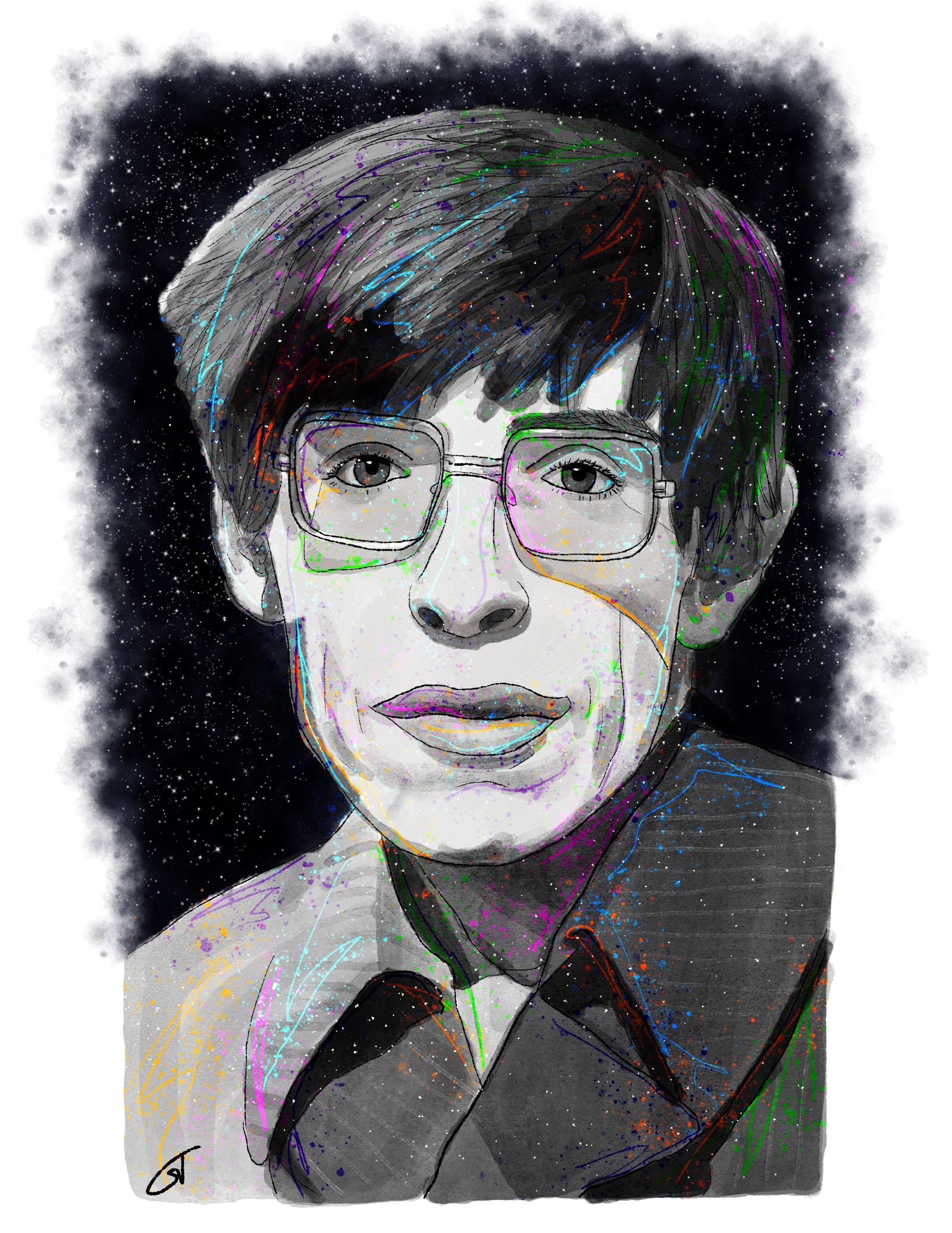 A brightly colored portrait of a man with glasses and a tie (glasses, painting, watercolor painting, art, drawing)