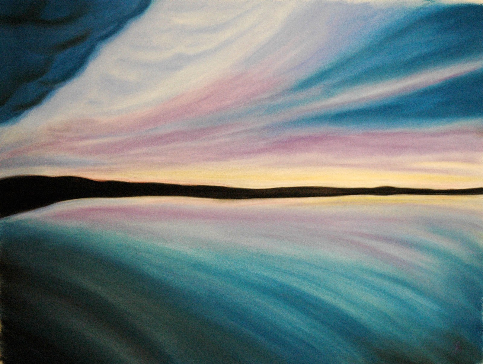 Painting of a sunset over a body of water with a sky background (painting, pastel, drawing, sunset, watercolor painting)