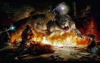 Epic battle against a fiery dragon and mythical creatures in a visually stunning fantasy realm.