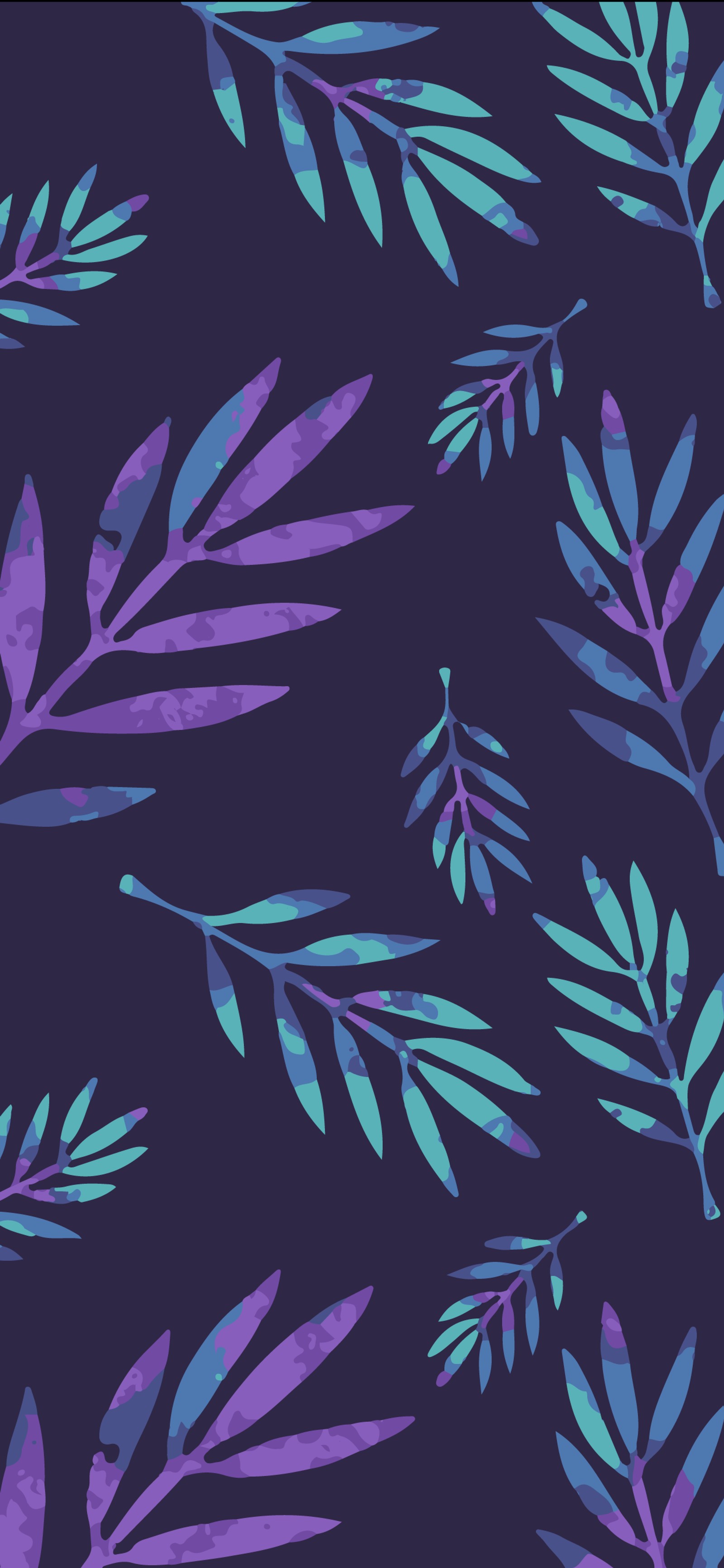 Purple and blue leaves on a dark background (aesthetics, ios, leaf, pattern, purple)