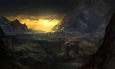 Paysage majestueux au crépuscule, avec des montagnes escarpées et des ruines anciennes, illuminé par un coucher de soleil doré, évoquant le monde de fantasy sombre de "The Witcher".