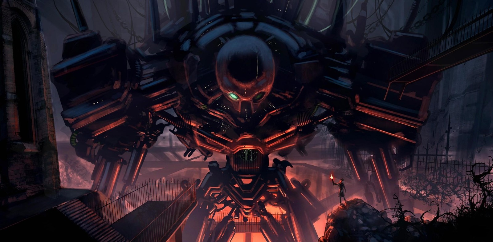 A close up of a giant robot in a dark room (science fiction, pc game, darkness, games, space)