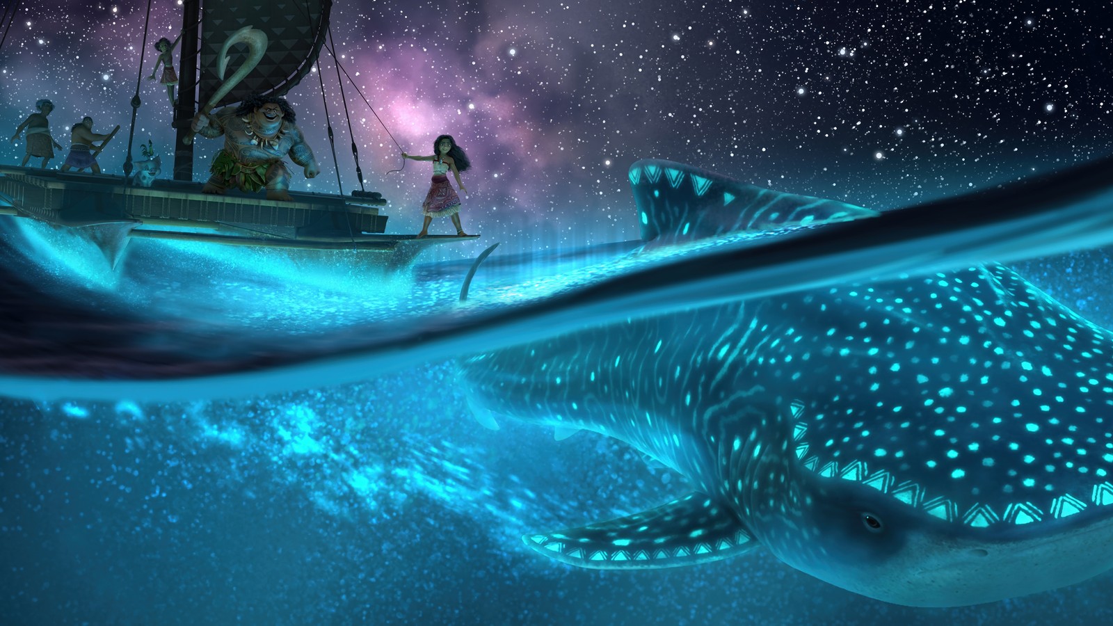 Il y a une baleine et un bateau dans l'eau avec des personnes dessus (moana 2, film)