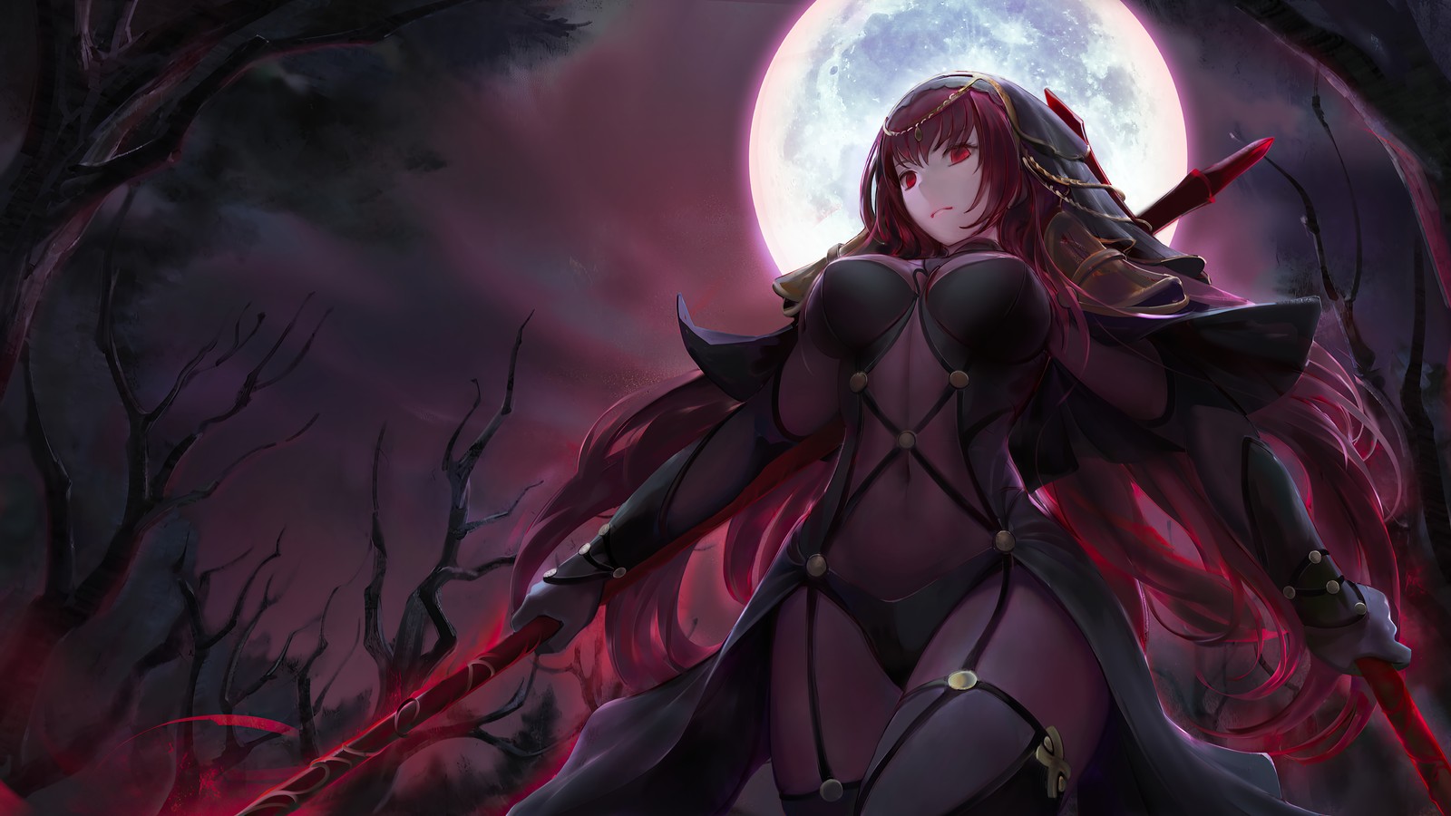 Une femme avec de longs cheveux rouges tenant une épée devant une pleine lune (fategrand order, fate grand order, fgo, jeu vidéo, série fate)