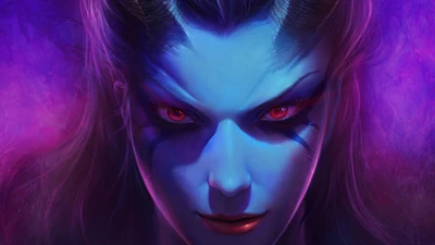 Gros plan intense d'un personnage mystérieux avec une peau bleue frappante et des yeux rouges ardents