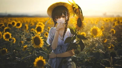 anime, anime girls, sunflower, sunflowers, field