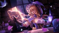 Mona Casting Spells in a Mystical Library - Genshin Impact Artwork