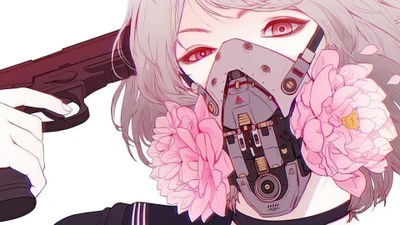 Fille d'anime avec une arme et un masque à gaz ornée de fleurs