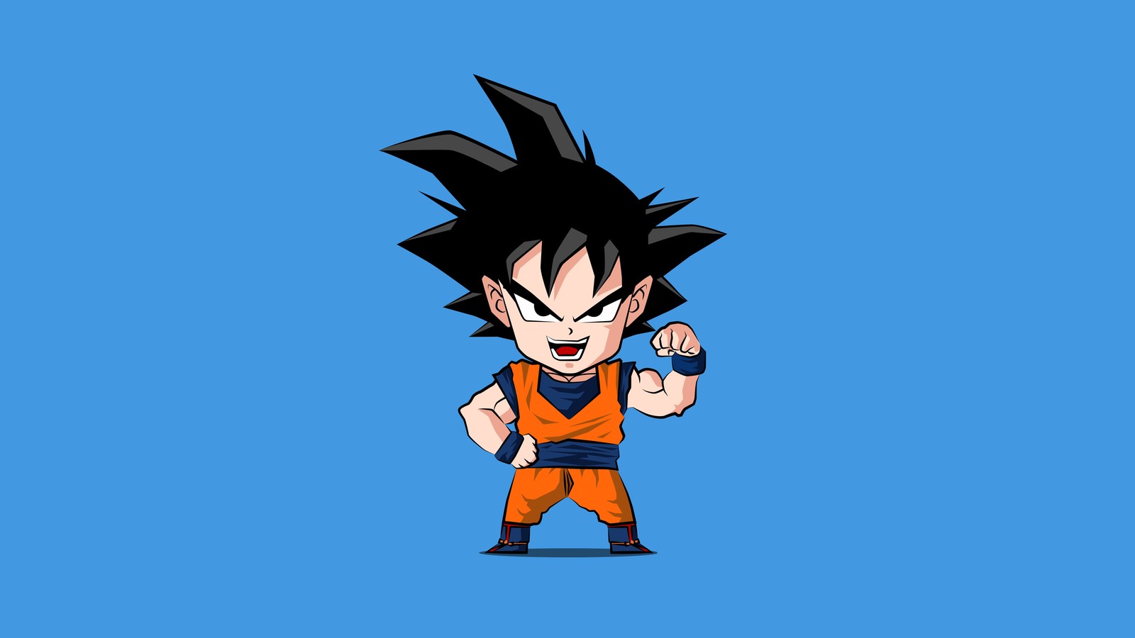 Ein cartoon-drache mit einer erhobenen faust in der luft (goku, chibi, dragon ball z, blauer hintergrund, minimalistisch)