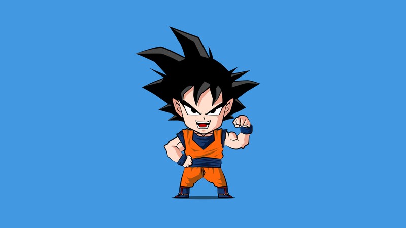 Мультяшный дракон с поднятым кулаком в воздухе (goku, чиби, chibi, dragon ball z, синий фон)