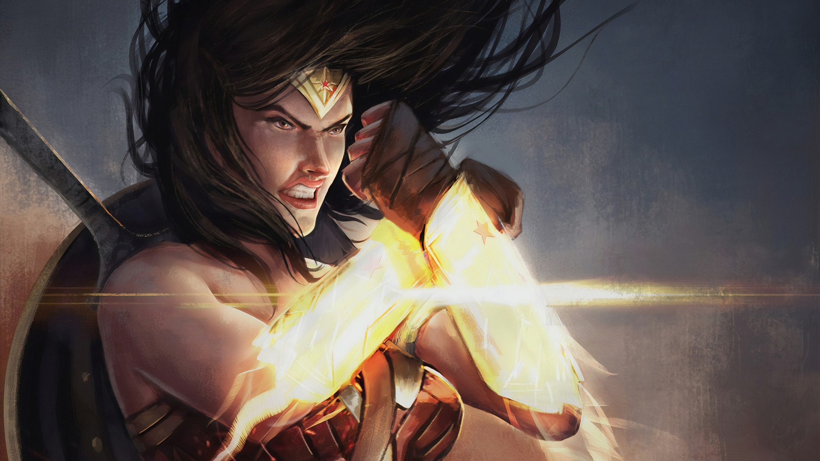 Wonder woman with sword and shield in the air (wonder woman, art, dc comics, comics, superhero)