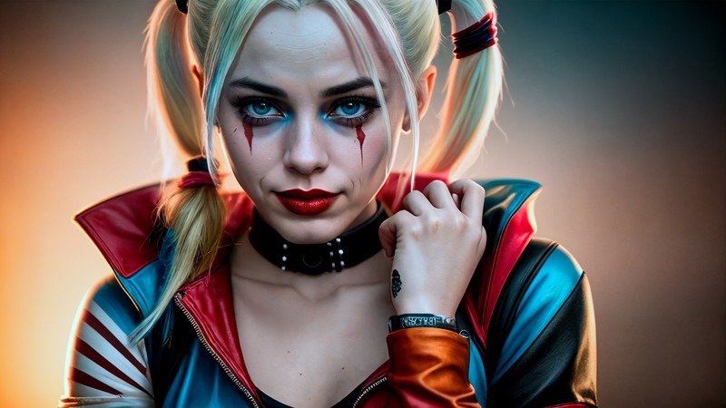 Арафед женщина в красной и синей куртке и чокере (harley quinn, dc comics, косплей, cosplay, искусство ии)