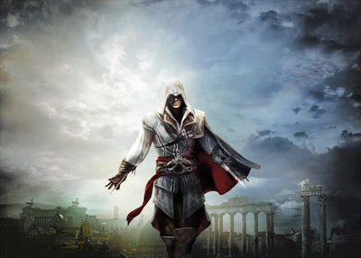 Ezio Auditore se tient avec confiance contre un ciel dramatique, incarnant l'essence de la série Assassin's Creed dans un décor d'architecture ancienne.