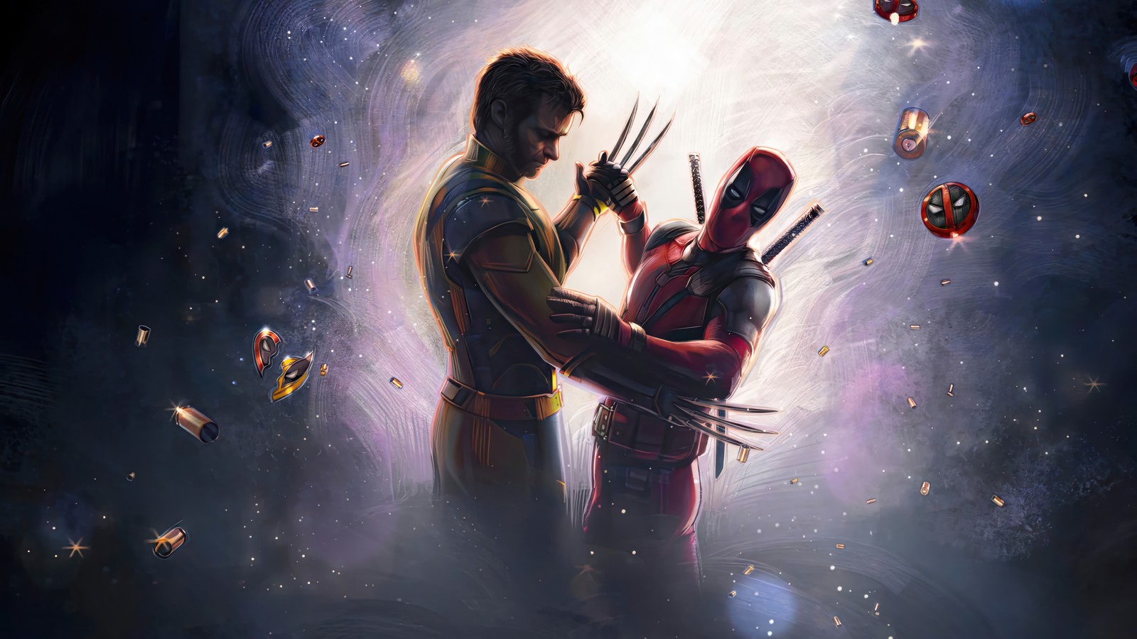 Un couple de deadpool et wolverine se tenant côte à côte (deadpool et wolverine, film, marvel, wolverine, danse)