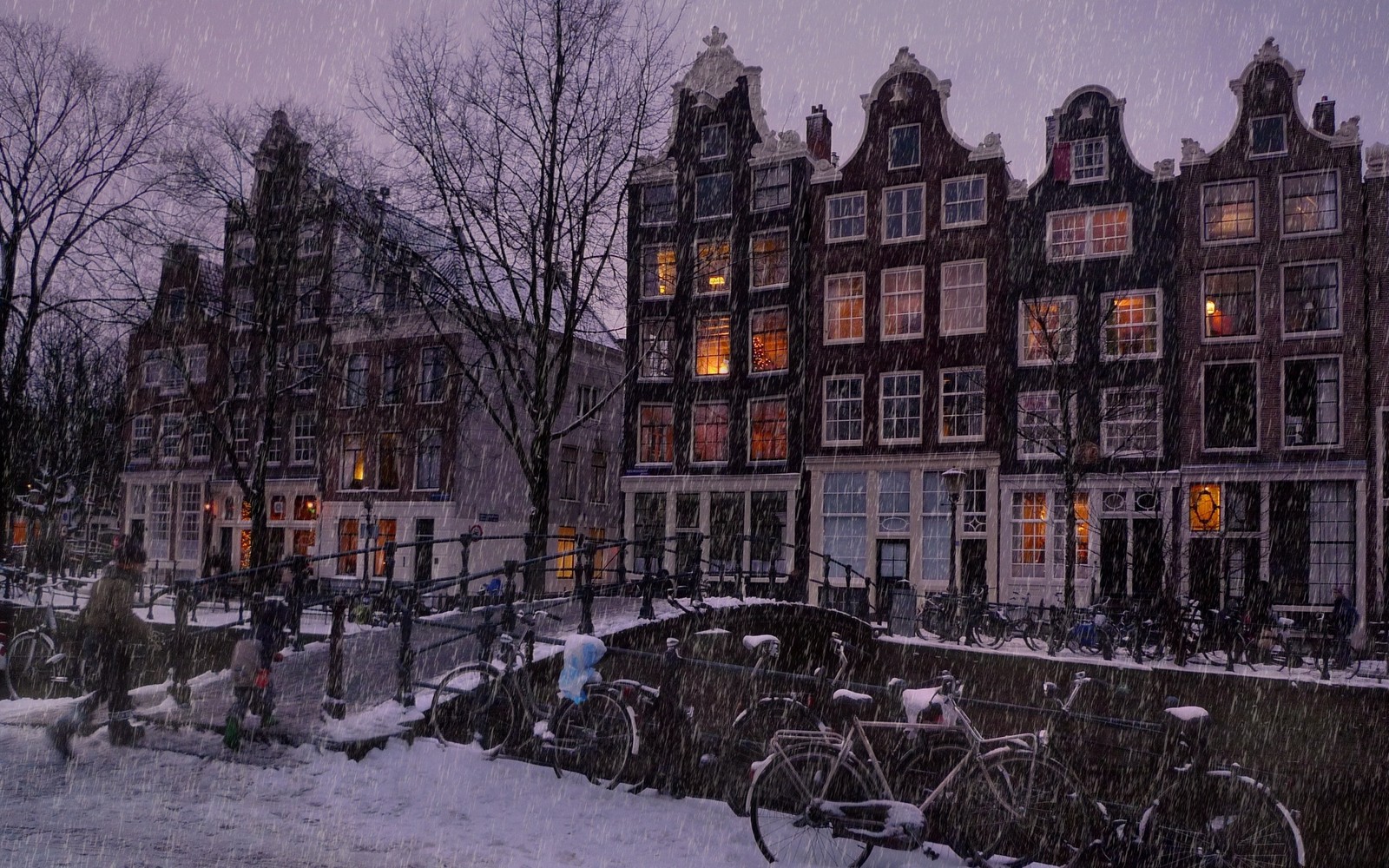 Una vista aérea de una calle de la ciudad con una fila de edificios y bicicletas estacionadas en la acera (ámsterdam, amsterdam, nieve, árbol, noche)