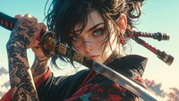 Fille guerrière en kimono avec katana et tatouages complexes