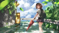 Anime Girl in School Uniform Walking with Umbrella on a Sunny Path