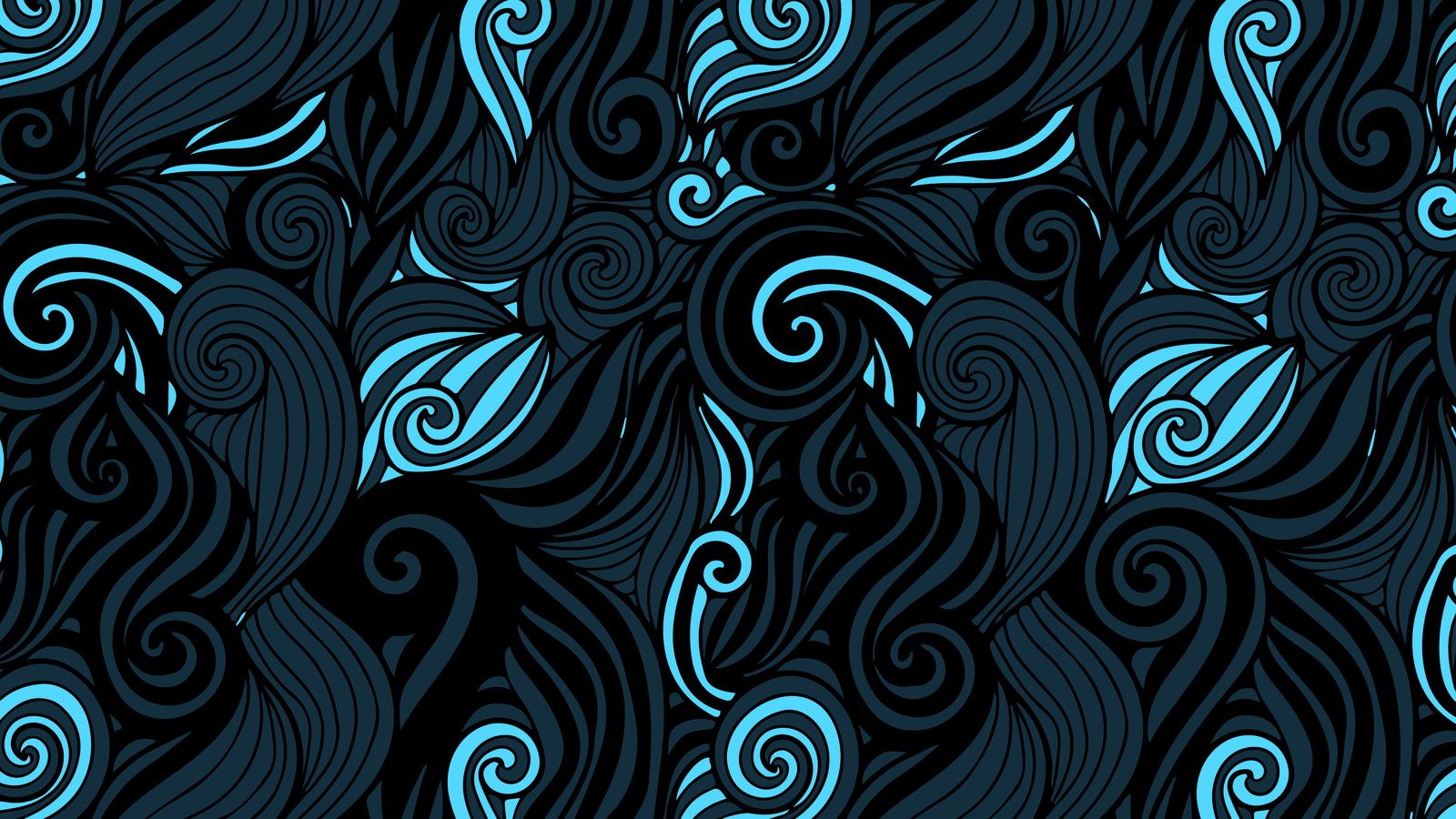 Un patrón abstracto azul y negro con remolinos sobre fondo negro (patrón, azul, azul celeste, textil, arte)