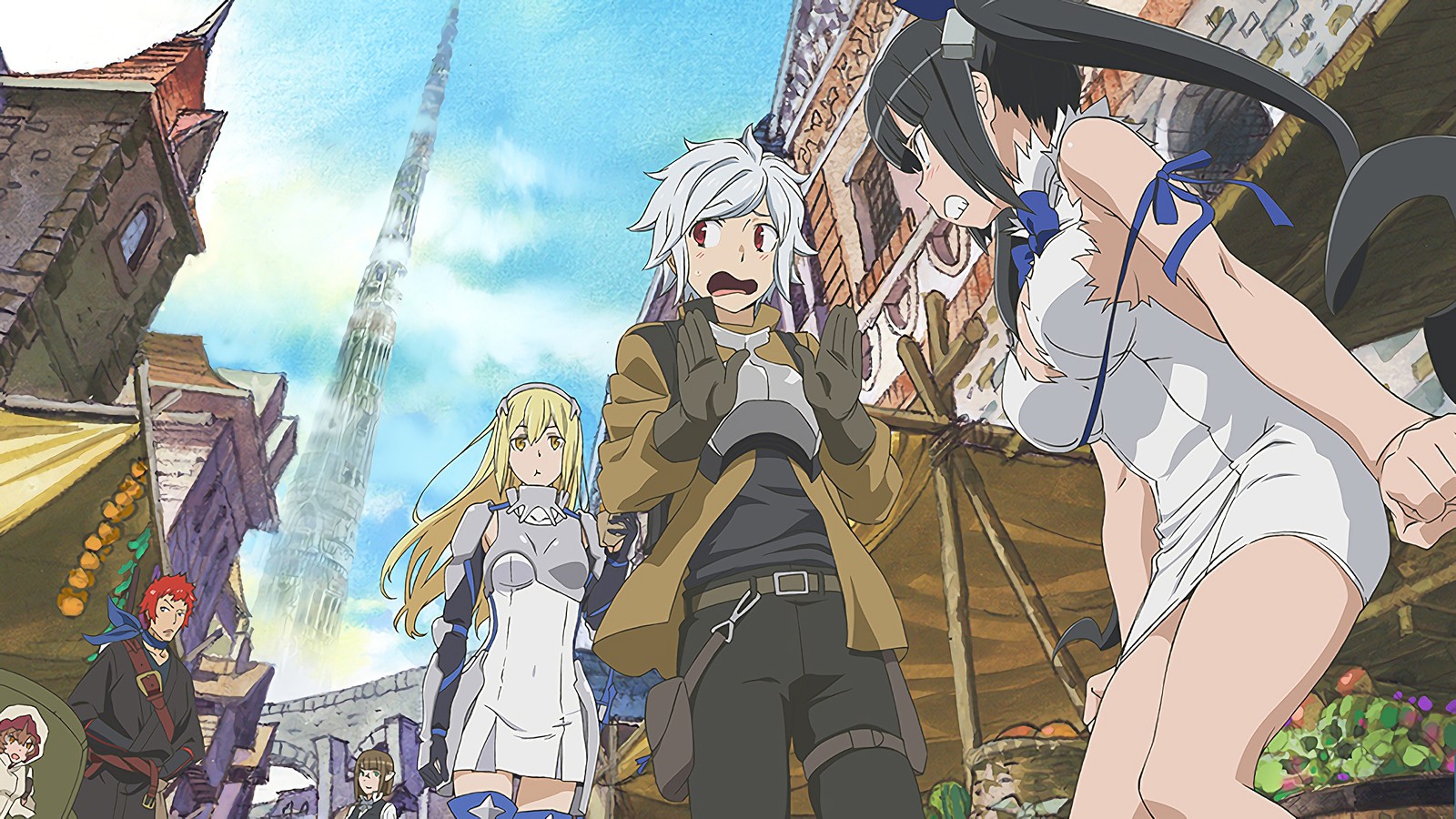 Anime-charaktere in einer stadt mit himmelshintergrund (danmachi, anime, ist es falsch dass ich dich in einem kerker treffen möchte, ist es falsch im dungeon nach begegnungen zu suchen, hestia)