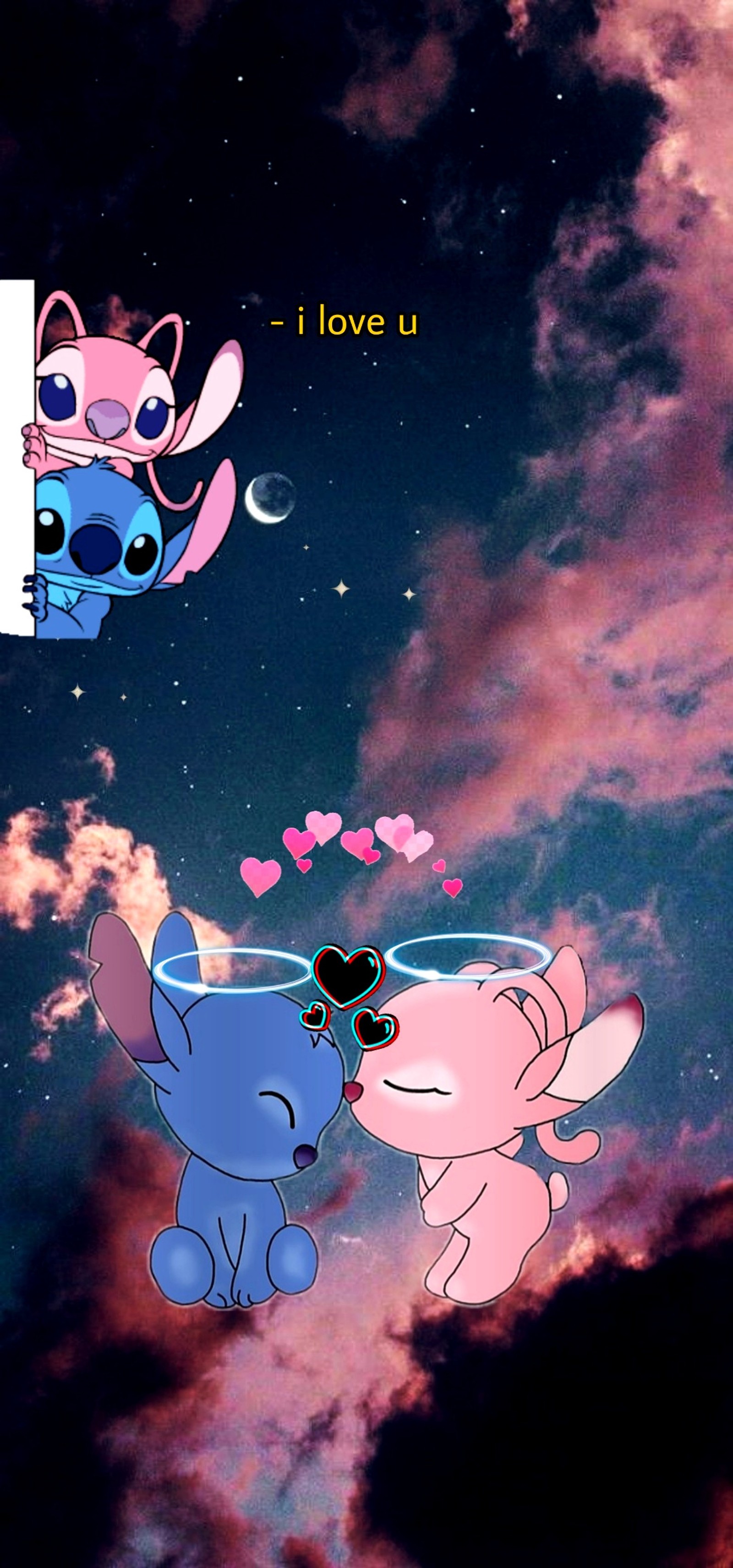 Cartoon characters in the sky with a heart shaped balloon (angel, love, stitch)