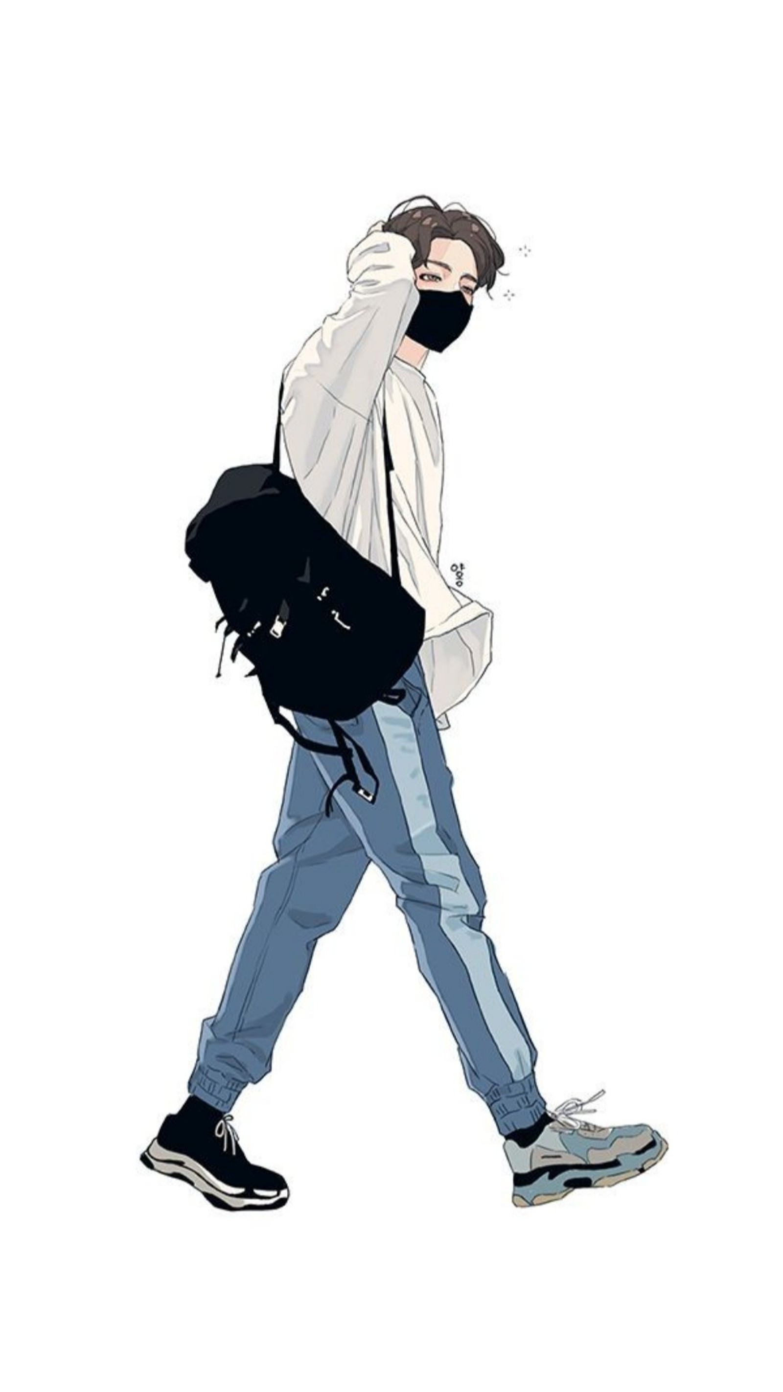 Vue aérienne d'un homme marchant avec un sac à dos sur le dos (anime, bts, fan art, espoir, j hope)