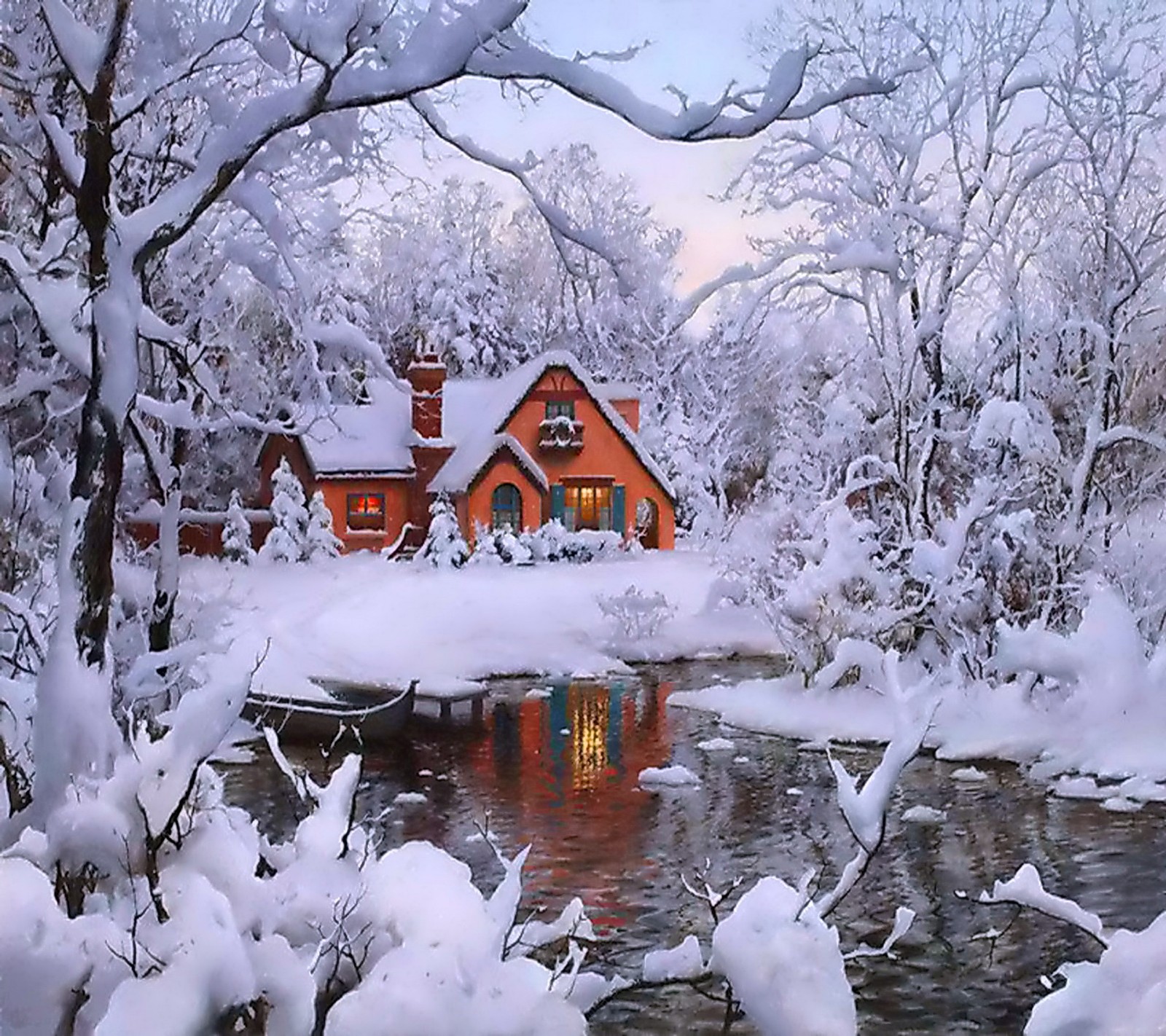 Schneebedeckte szene mit einem haus und einem bach im wald (haus, schnee, winter)