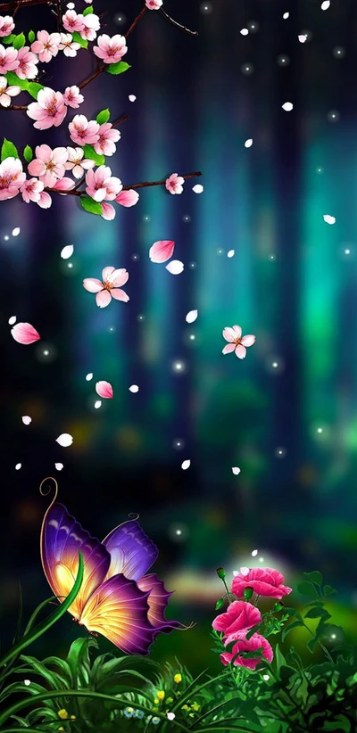 Enchanting Butterfly Amidst Blossoms in a Fantasy Landscape