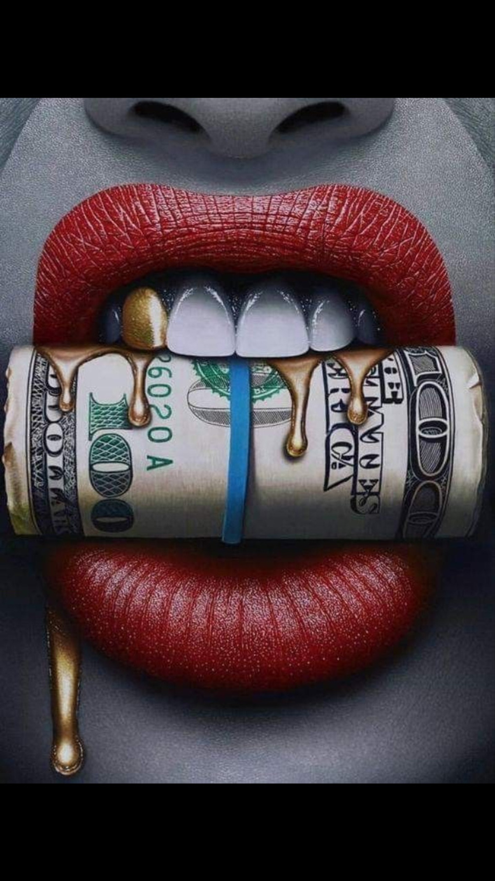 A close up of a person's mouth with a roll of money in it (biting, black white red, drip, gold, money)