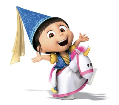 Agnes dans une pose ludique avec une licorne, portant un chapeau de fête bleu et un sourire joyeux.