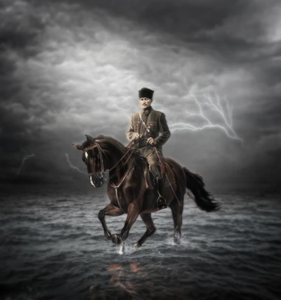 Mustafa Kemal Atatürk on horseback amidst a dramatic stormy backdrop.