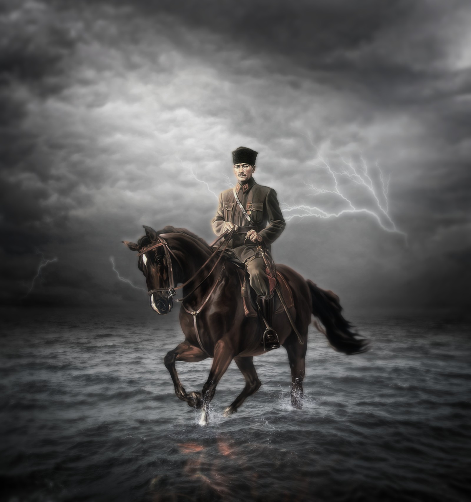 Hay un hombre montando un caballo en el agua en un día tormentoso (fondo de atatürk, ataturk wallpaper, atatürk, ataturk, ulu onder)