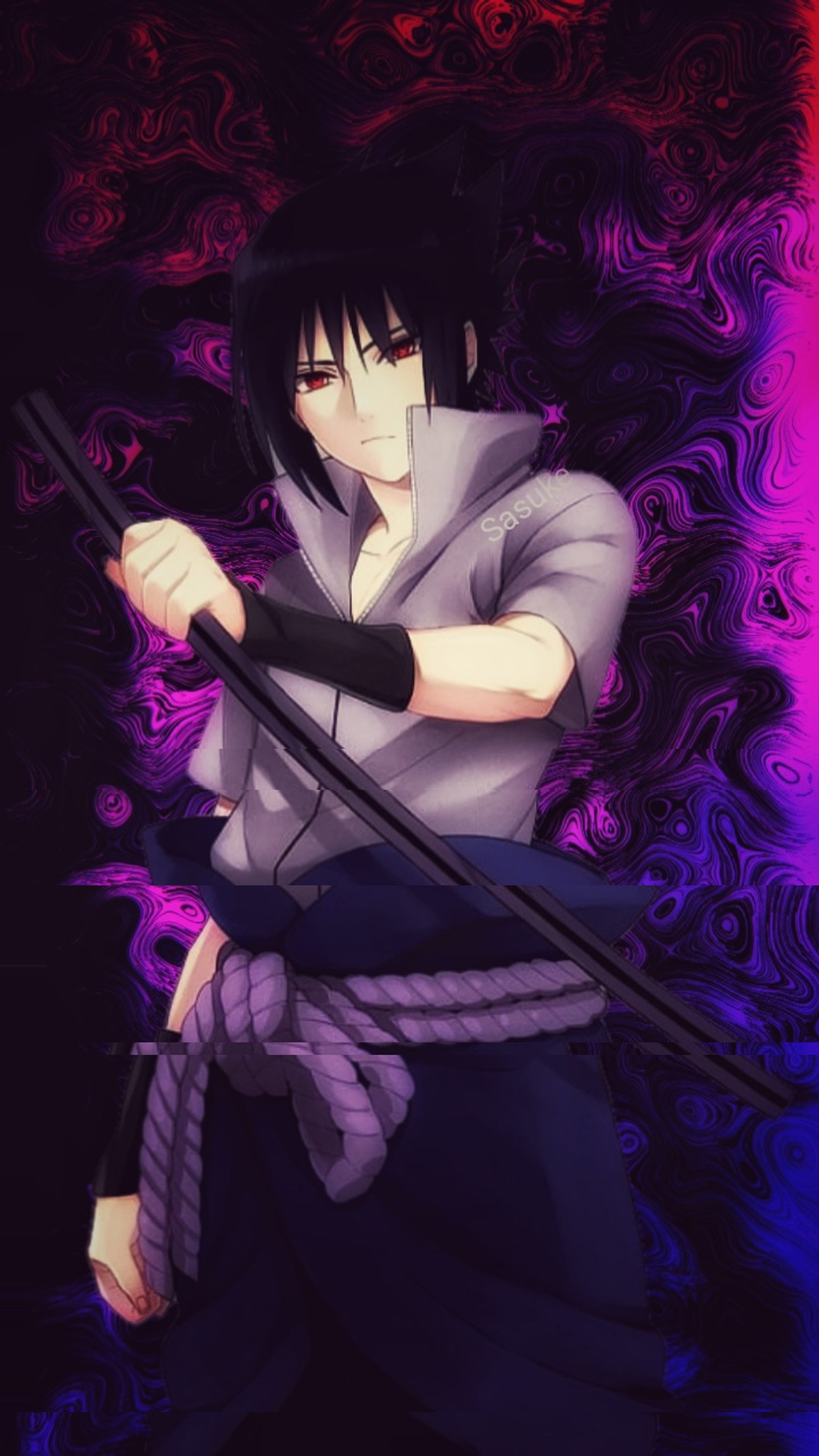 Chico de anime con una espada en la mano y un fondo morado (anime, naruto, sasuke)