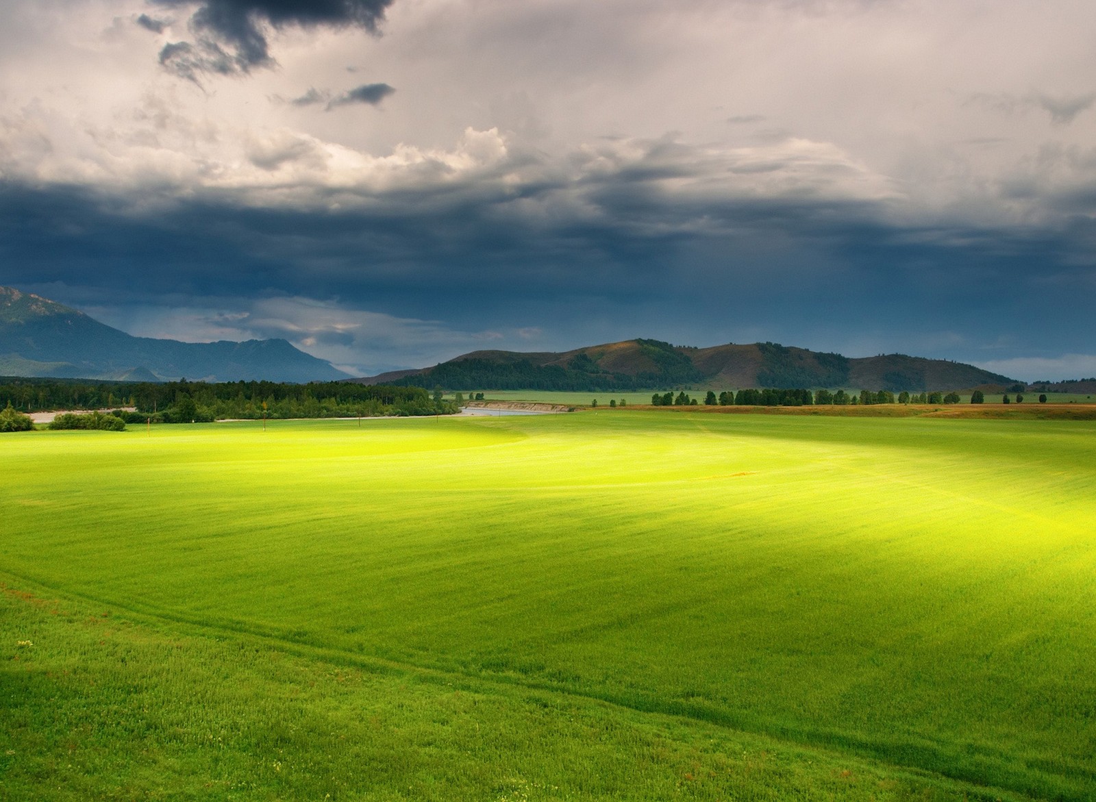 A green field with mountains in the background under a cloudy sky (green, land)