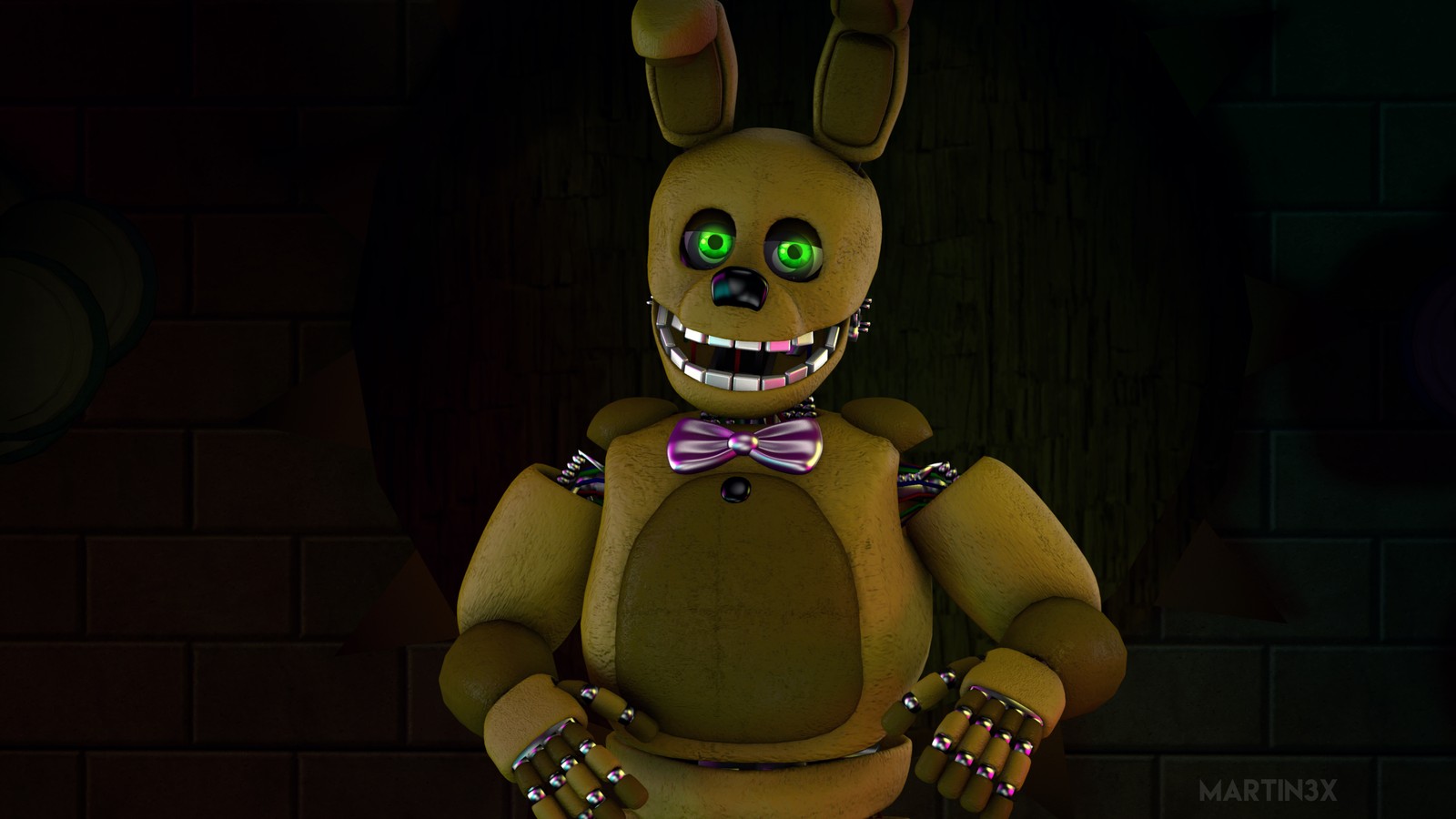 Un gros plan d'un personnage de dessin animé avec un nœud papillon (fnaf, springbonnie, springtrap)