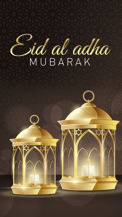 Elegant golden lanterns illuminating the message "Eid al Adha Mubarak" against a dark, textured background.