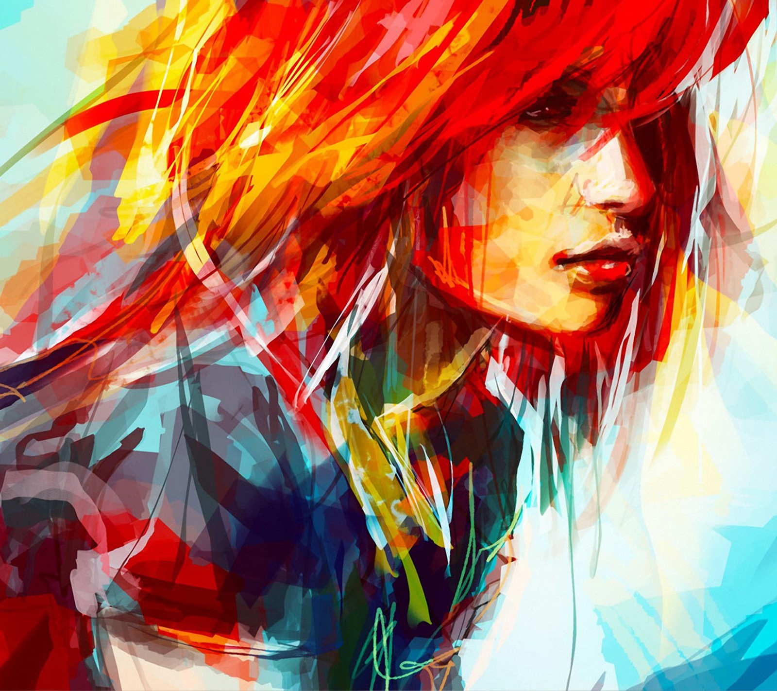 A painting of a woman with red hair and a blue shirt (art, beautiful, bright, colors, drawing strokes)