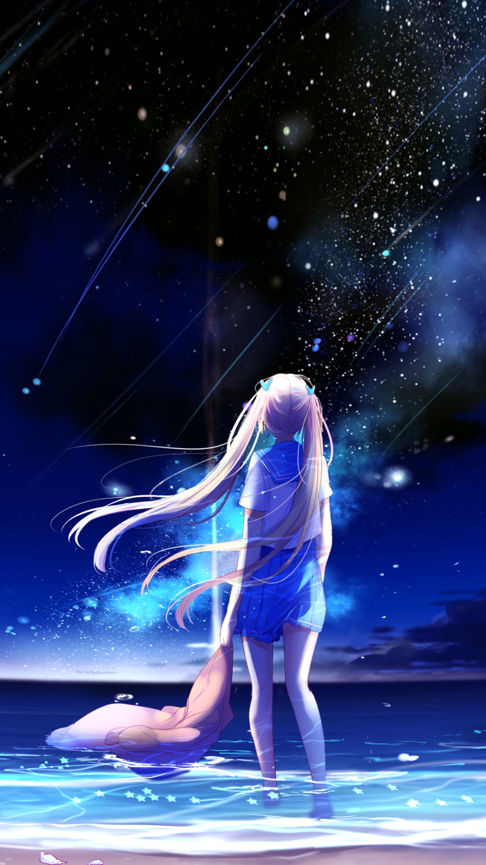 Anime girl standing in the water with her hair blowing in the wind (space, fantasy, anime)