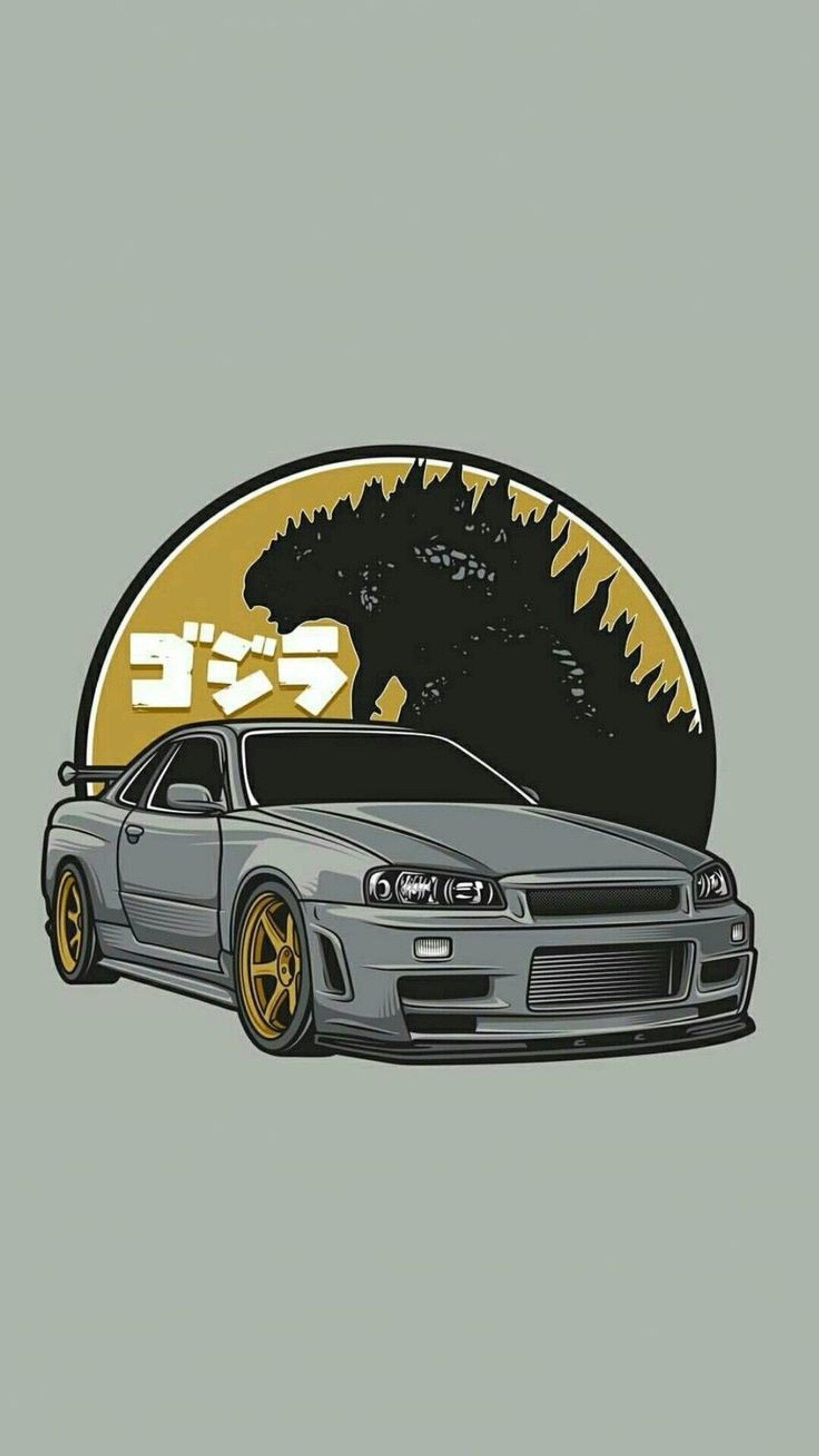 Un auto gris con una cabeza de godzilla está estacionado frente a un fondo amarillo y negro (coches, jdm, panorama, r34, gtr)