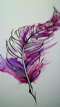 Colorful Feather Illustration with Purple Watercolor Splashes