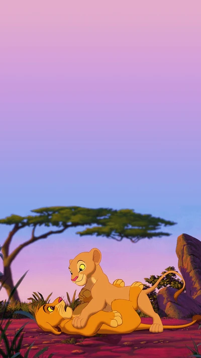 Jovem Simba e Nala brincando e desfrutando de sua infância no Serengeti