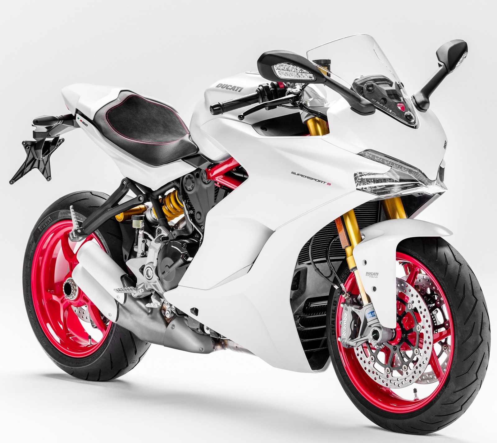 A close up of a white motorcycle with red rims on a white background (black, ducati, italy, motorbike, red)